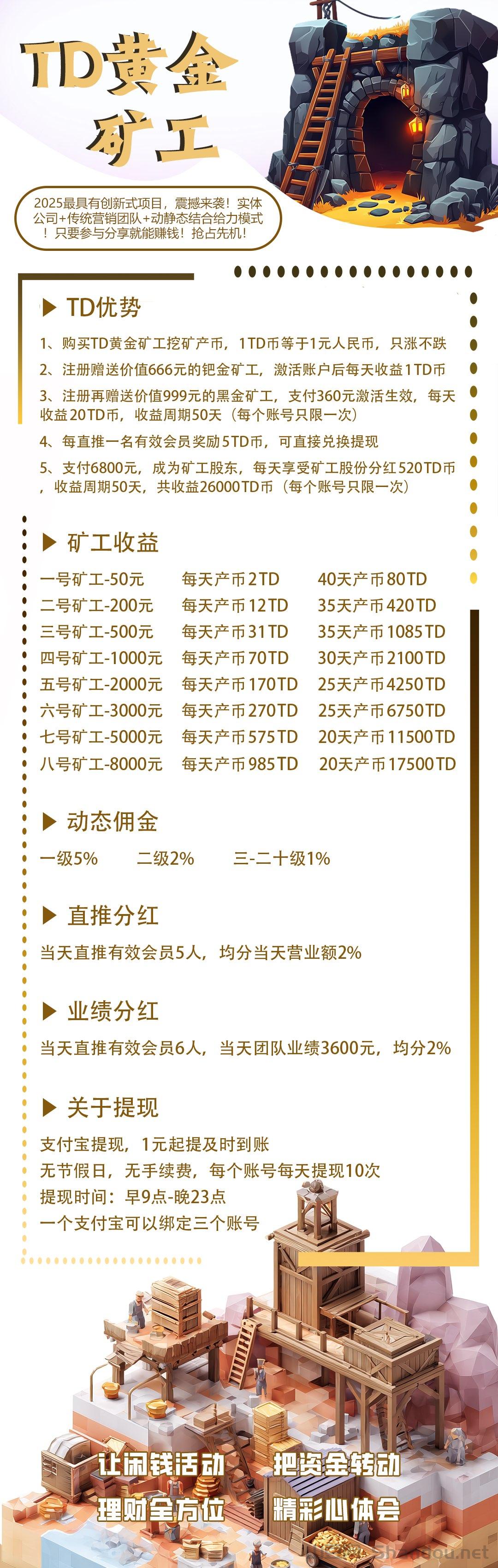 首码【TD黄金矿工】刚出一秒注册就送666元产品激活每天自动收益，亲测1元起提现秒到，速度上车